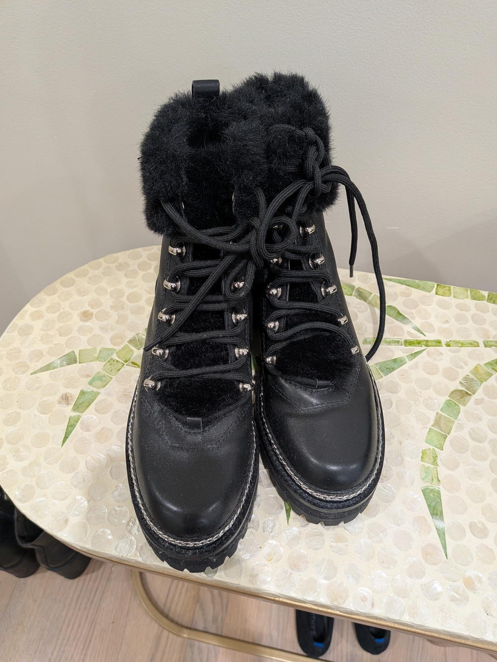 Aqua Black Lace-Up Faux Fur Trim Hiking Boots